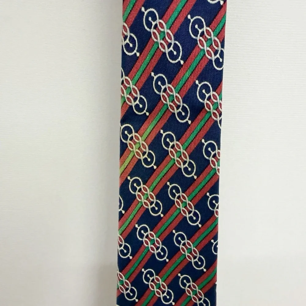 Hermes Men's Tie Chain Link Nautical Striped Navy/Red/Green 984 SA Silk 3